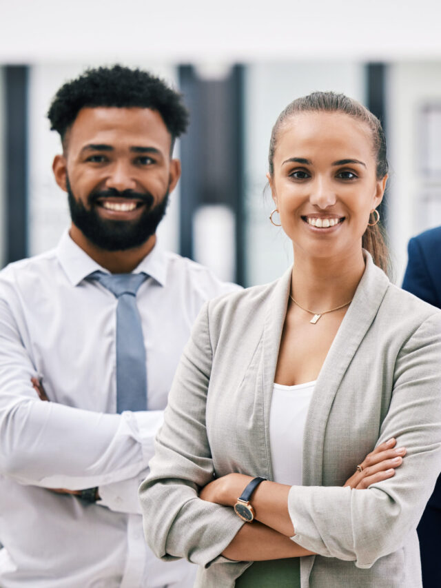 Corporate teamwork, woman leader and collaboration of successful, smile and company vision in office. Portrait of diversity business people, proud management and smile professional in unity together